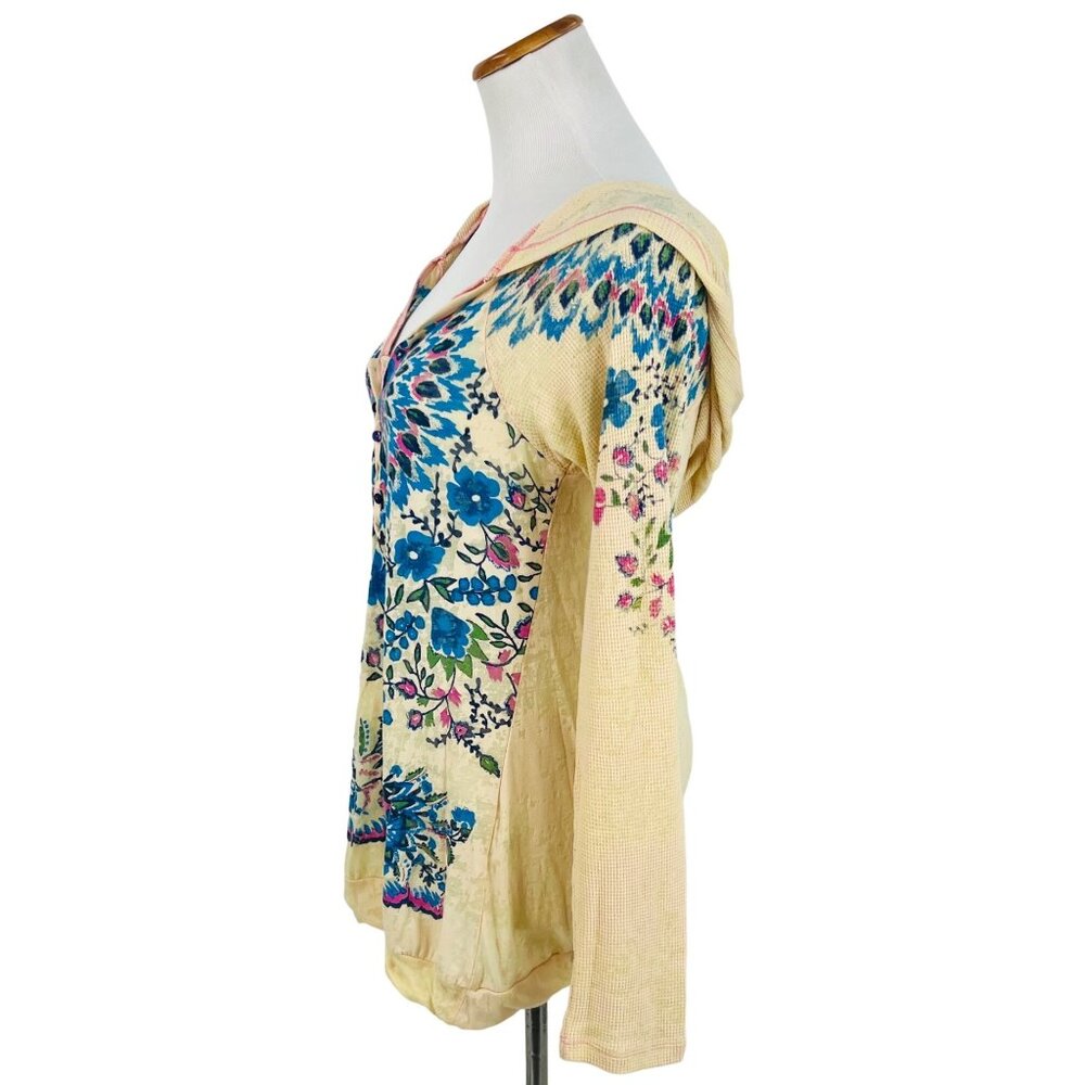 Vintage Free People Floral Boho Pullover Burnout Henley Hoodie Long Sleeve Top - Picture 6 of 16